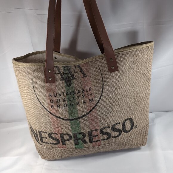 Nespresso Tote Bag Jute Burlap Beige Brown Faux Leather Shoulder 19x14" Coffee - Picture 5 of 14